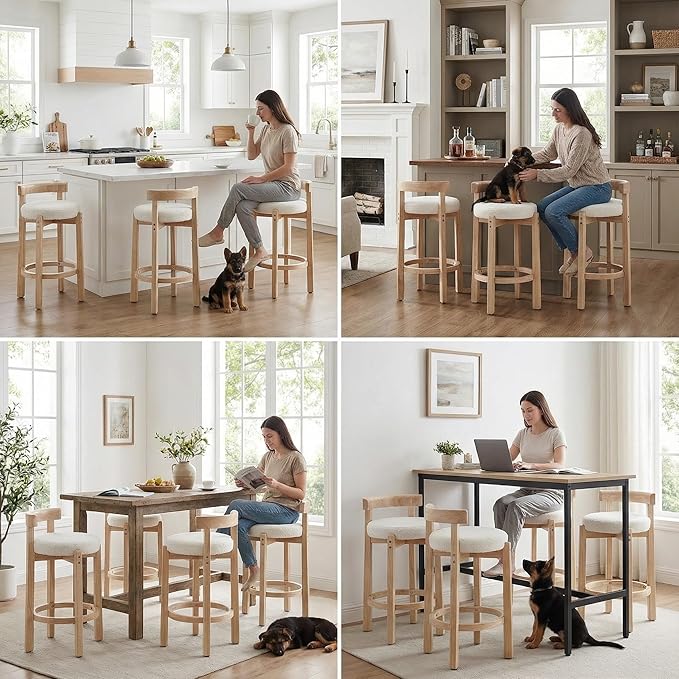LukeAlon Sherpa Counter Stools Set of 4, Mid Century Upholstered 26.5" Seat Height Low Barstools with Natural Wood Legs Round Low Back Kitchen Stools with Footrest for Dining Room, White