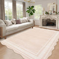 Garvee Washable Rugs 10x13 Area Rugs for Living Room Bedroom, Low Pile Ultra Soft Solid Neutral Carpet, Non Slip & Non Shedding Modern Scalloped Print Floor Mats for Home Decor, Natural Ivory