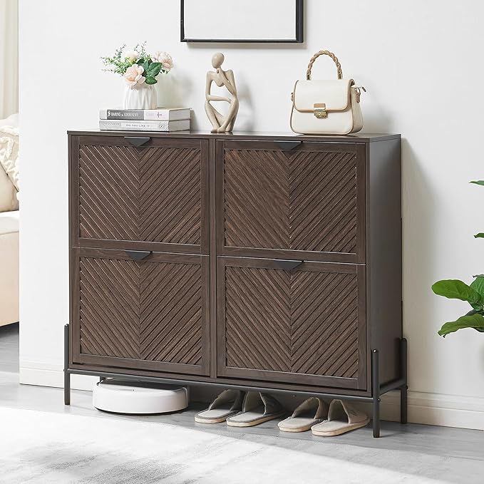 Shoe Cabinet Storage with 4 Flip Drawers, Narrow Hidden Shoes Organizer Cabinet for Entryway, Freestanding Slim Shoe Rack Front Door Entrance(Brown)
