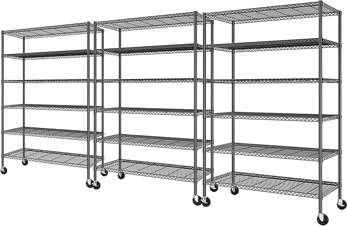 Romorgniz 82" H X45 W X18 D Storage Shelves with Wheels, 6 Tier Wire Shelving Adjustable Metal Shelving Pantry Shelves Capacity 2100LBS for Garage Shelving, Pantry, Kitchen, Closet,Black,3P