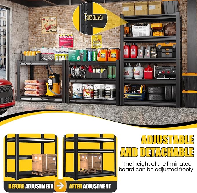 Garage Shelving Heavy Duty, 3000LBS Garage Shelves, 5-Tier Adjustable Metal Shelving Unit, Garage Storage Shelves, Utility Storage Rack Shelf，Shelves for Garage Storage, 72" H×59" W×19.7" D