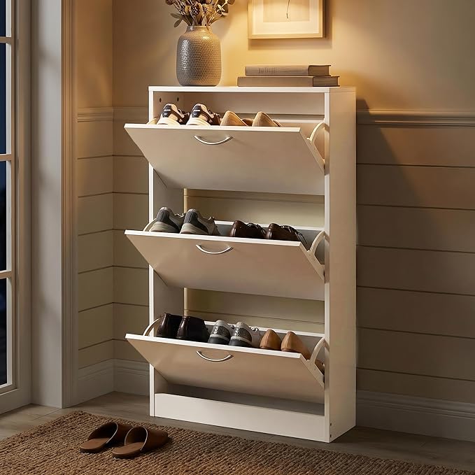 HOPUBUY Shoe Cabinet for Entryway, White Narrow Shoe Storage Cabinet with 3 Flip Drawers, Wood Slim Shoe Rack, 3 Tier Thin Shoe Organizer for Home and Apartment