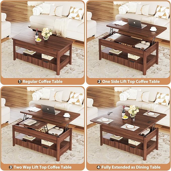 HUAHUU 40" Lift Top Coffee Table, 4 in 1 Square Coffee Table with Storage Shelf & 2 Drawers, Modern Coffee Tables with Lift Tabletop, Converts to Dining Table for Living Room, Home Office, Walnut