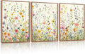 HPINUB Colorful Flower Framed Canvas Wall Art Set, (Set of 3,12X16 Inch)Watercolor Daisy Floral Wall Decor, Wildflower Green Leaf Wall Painting, Multicolour Botanical Art Print for Living Room,Office