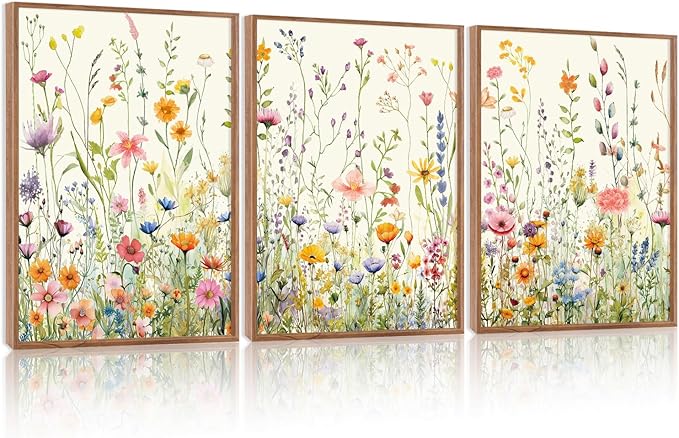 HPINUB Colorful Flower Framed Canvas Wall Art Set, (Set of 3,12X16 Inch)Watercolor Daisy Floral Wall Decor, Wildflower Green Leaf Wall Painting, Multicolour Botanical Art Print for Living Room,Office