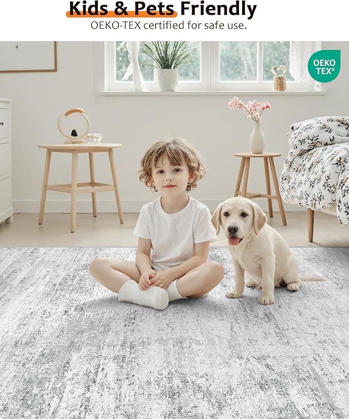 Art&Tuft Washable Rugs 5x7 - Stain Resistant Anti-Slip Backing Abstract 5x7 Area Rugs for Living Room, Foldable Machine Washable Area Rug(5'x7', Grey)
