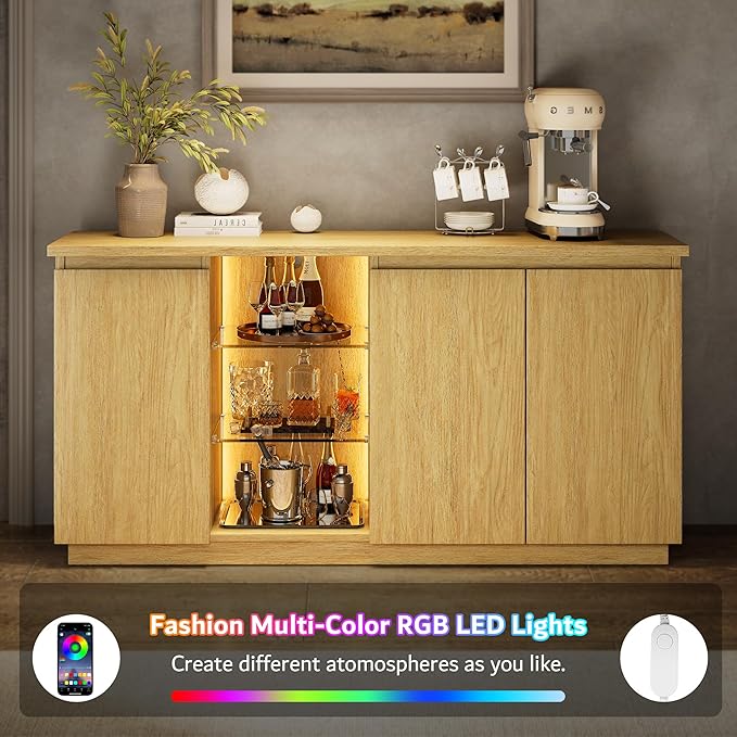 iPormis Sideboard Buffet Cabinet with Storage & LED Lights, Credenza Sideboard with Doors and Adjustable Shelves, 60" Coffee Bar Table Storage Cabinet for Dining Room Kitchen Living Room, Natural
