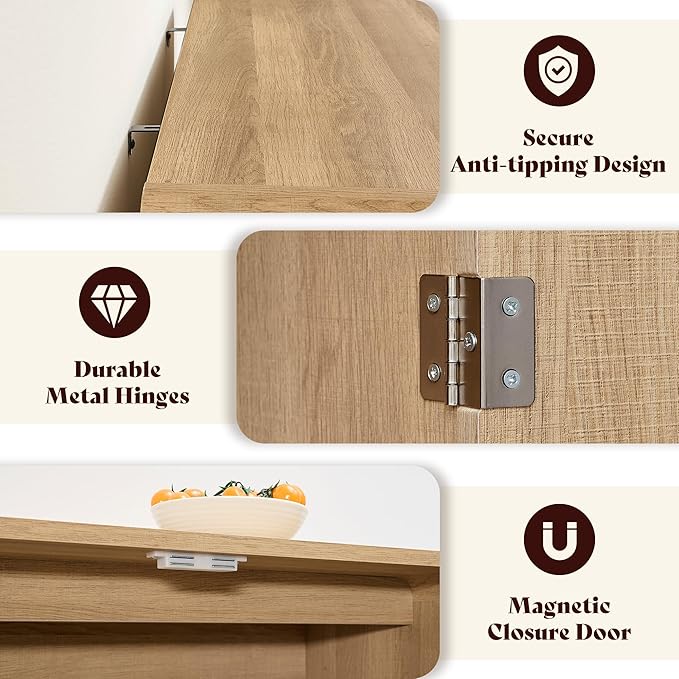 AMERLIFE 2-Piece Fluted Buffet Cabinet with Storage, Modern Sideboard Cabinet with Doors & Adjustable Shelf, Console Table & Credenza for Living Room, Kitchen & Entryway, Natural Oak