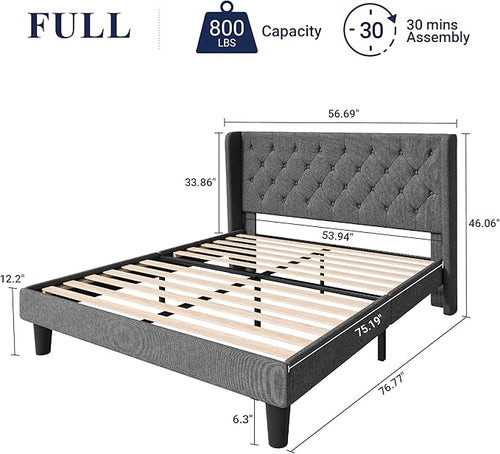 Allewie Full Size Bed Frame with Button Tufted Wingback Headboard, Modern Fabric Upholstered Platform Bed Frame with Strong Wood Slat Support, No Box Spring Needed, Easy Assembly, Dark Grey