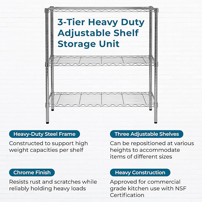 Honey-Can-Do 3-Tier Heavy-Duty Adjustable Shelf Storage Unit With 200-lb Capacity, Chrome SHF-09367 Steel Shelving, Heavy Duty Shelves, Shelving Unit,