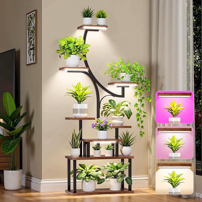 softeen Plant Stand Indoor with 4 Grow Lights & 3 Colors, 8 Tiered Corner Plant Shelf, 63" Tall Plant Stands for Indoor Plants Multiple, Metal Flower Display Shelves Holder for Home(Dark Black)