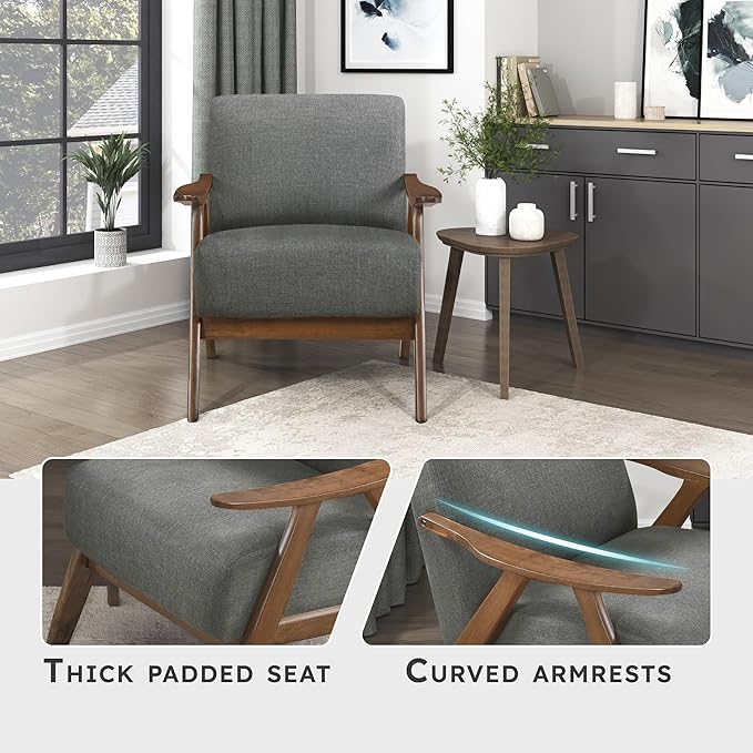 Lexicon Mid Century Modern Accent Chair with Solid Wood Frame in Walnut Finish, Upholstered Living Room Lounge Arm Chair, Thick and Comfy Innerspring Seat Cushion, Linen-Look Fabric, Gray