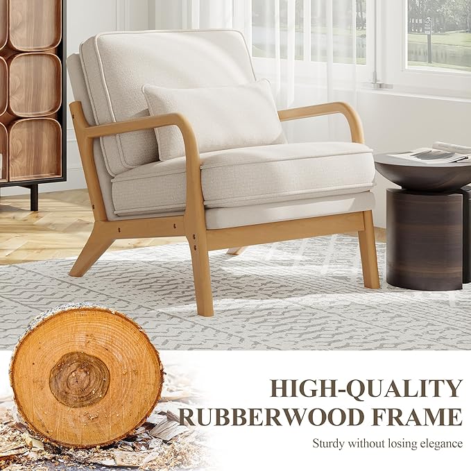 MALOL Mid-Century Accent Chair with Solid Wood Frame, Reading Relaxing Armchair Lumbar Pillow& Soft Cushion, Leisure Chair for Living Room, Bedroom, Waiting Room-Beige
