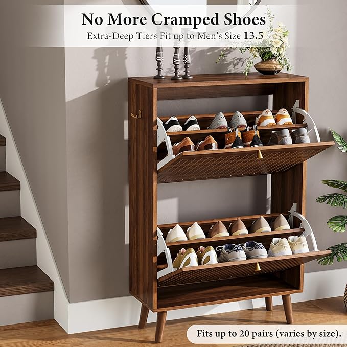 Nicetree Shoe Cabinet Storage for Entryway, 9.5" Narrow Shoe Organizer with Architectural Arched Fluted Front, Slim Shoe Rack with Adjustable Shelves,Fits Size 12 Shoes,Timeless Walnut