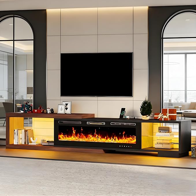 Extendable TV Stand with 50" Electric Fireplace, 71"-116" Long TV Console for Up to 120 Inch TV, Modern LED Entertainment Center with Glass Shelf for Living Room Bedroom, Black & Walnut