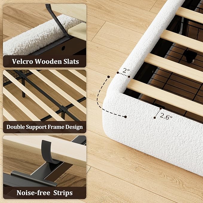 King Size Bed Frame with Storage, Boucle Cloud Bed with 4 Locking Drawers & LED Lights, Modern Upholstered Platform Bed, Plush Sides & Footboard, Adjustable Headboard, No Box Spring, White