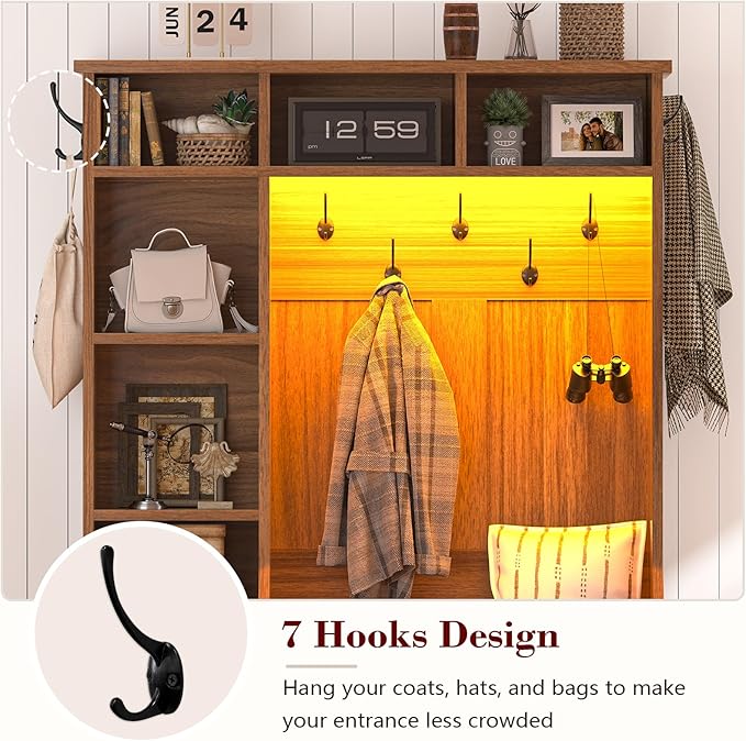 CSZZD Hall Tree with Bench and Shoe Storage, Farmhouse Entryway Bench with Coat Racks and Led Lights, Tall Hall Tree with 7 Coat Hooks, 6 Storage Cubbies, Adjustable Shelf