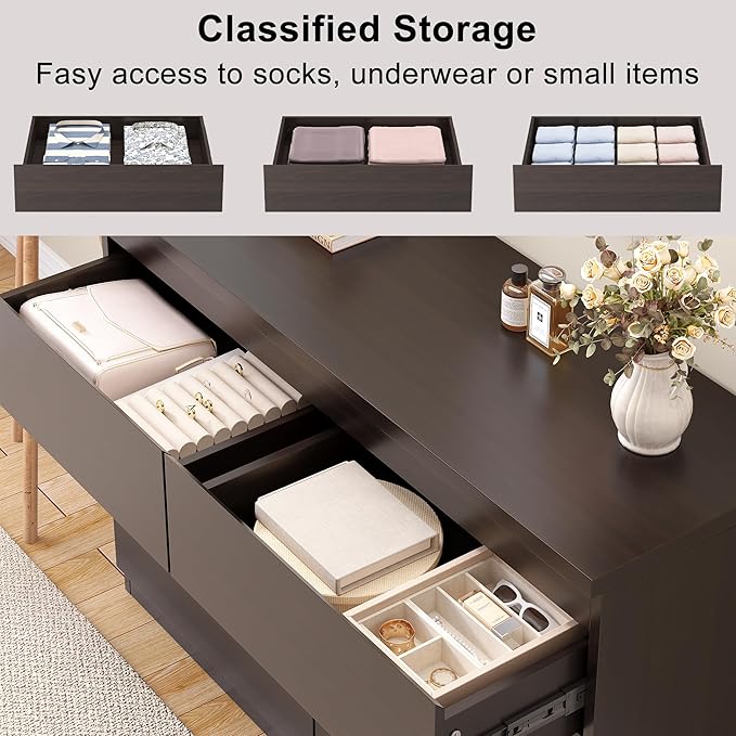 Jocoevol Modern 6 Drawer Dresser - Simply Chest of Drawers for Bedroom, Closet, Living Room, Hallway, Entryway, Wood Storage Double Dresser with Smooth Metal Rails - Retro Brown