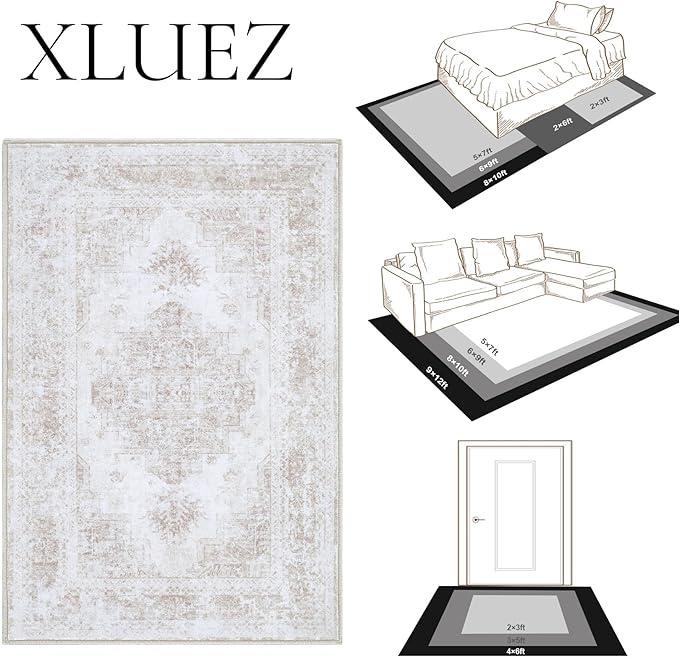 XLUEZ Area Rug 6x9 Living Room Rug, Machine Washable Vintage Distressed Medallion Rug Non-Slip Soft Low Pile Large Indoor Rugs for Bedroom Kitchen Dining Room Office(Beige,6'x9')
