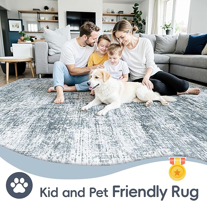 6x9 Area Rugs Washable Rug:Anti-Skid Abstract Modern Living Room Rug Soft Thin Carpets Indoor Floor Non-Shedding Carpet for Bedroom Dining Farmhouse Nursery Home Office(Light Slate Blue/White, 6x9)