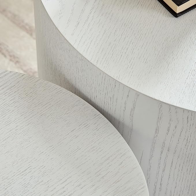 WILLIAMSPACE 18.9" White Nesting Coffee Table Set of 2, Modern Black Round Coffee Tables Circle Side Table for Small Space, Accent End Table Set, No Assembling, White Wood Grain