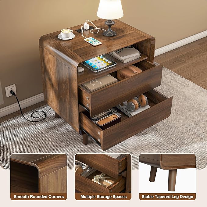 Nasonet Mid Century Modern Nightstand with Charging Station, Wood Bedroom End Tables Set of 2 Nightstands with Drawers, Curved Bedside Table for Living Room, Bedroom, Walnut