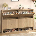 Hootata 47.2''W Oak Shoe Storage Cabinet for Entryway with 4 Flip Drawers, Narrow Wood Fluted Shoe Rack Cabinet,Freestanding Slim Shoe Organizer Cabinet for Foyer, Hallway
