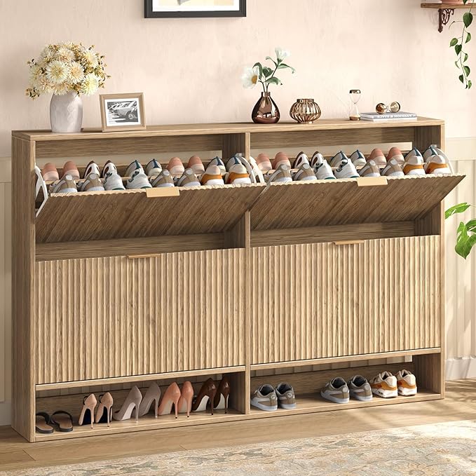 Hootata 47.2''W Oak Shoe Storage Cabinet for Entryway with 4 Flip Drawers, Narrow Wood Fluted Shoe Rack Cabinet,Freestanding Slim Shoe Organizer Cabinet for Foyer, Hallway