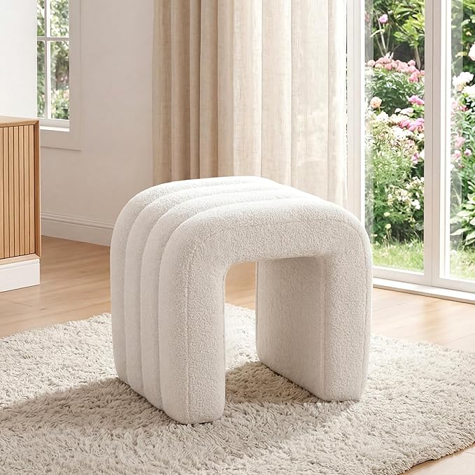 White Teddy Fleece Tufted Ottoman Stool Set of 2, Small Arch Footrest for Couch, Modern Vanity Stool for Makeup Room, Living Room, Entryway, 15.4 x 19.3 x 17.9 Inches, 260lb Capacity