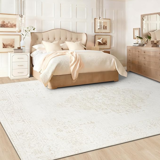 8x10 Area Rugs for Living Room: Washable Vintage Large Retro Rug Soft Non-Slip Indoor Low Pile Carpet for Bedroom Dining Room Office (Beige, 8' x 10')
