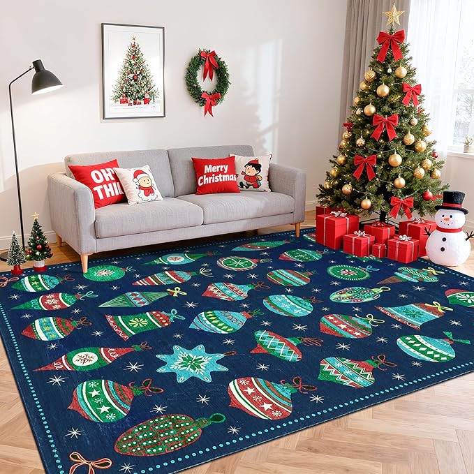 Christmas Area Rug 8x10 Rugs Washable Living Room Rug Xmas Holiday Decor Rugs Christmas Ball Low Pile Boho Rug Indoor Floor Carpet for Bedroom Kitchen Dining Room Home(Xmas Blue, 8'x10')
