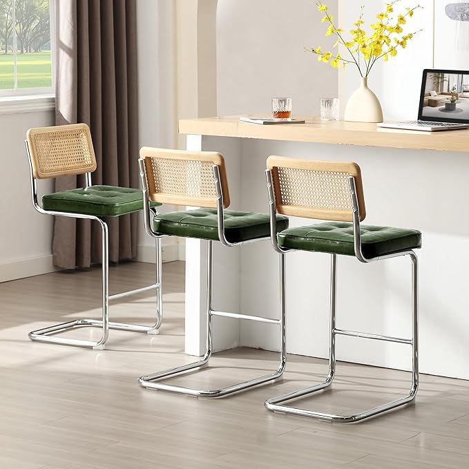 Zesthouse Rattan Counter Stools Set of 3, 26" Mid Century Modern Bar Stools with Natural Cane Mesh & Chrome Base, Green Faux Leather Counter Height Barstools, Boho Island Chairs for Kitchen Counter