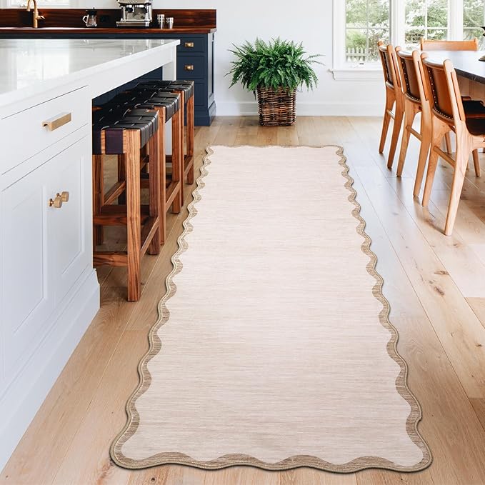 GarveeHome Scalloped Runner Rug for Hallways Kitchen 2'6"x8' Washable Non Slip 8ft Low Pile Pet Friendly Indoor Entryway Rug Farmhouse Soft Bath Mat Stain Resistant Carpet for Bedroom Laundry