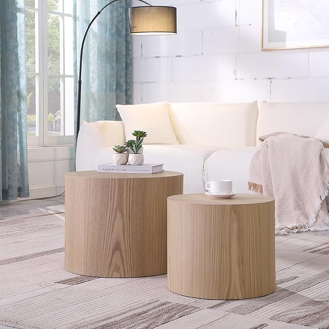 WILLIAMSPACE Nesting Coffee Table Set of 2, Round Wooden Coffee Tables Circle Modern Table for Small Space Living Room Bedroom Accent End Side Table (Wooden Color-Round)