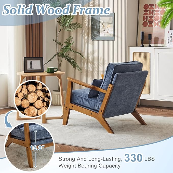 VINGLI Solid Wood Wide Armrests Accent Chair,Upholstered Mid Century Modern Chair with Pillow,Comfy Reading Chair Farmhouse Arm Chair,Chairs Living Room,Bedroom,Guest Room,Chenille Fabric,Dark Blue