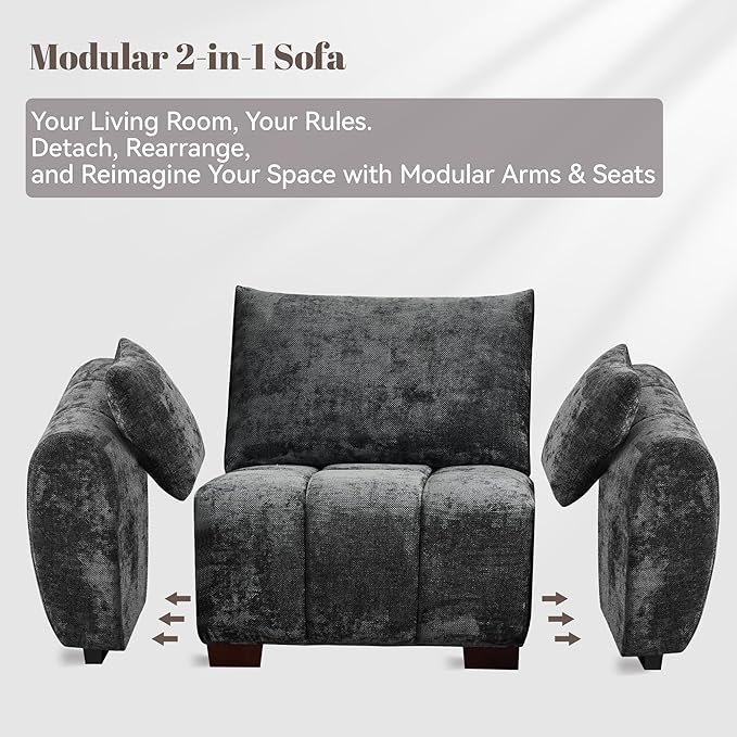 143" Oversized U Shaped Couch, Large Chenille Cloud Couch with Two Movable Ottomans, Memory Foam and Solid Wood Legs, Mid Century Modern Modular Sectional Couches for Living Room, Tufted Sofa, Grey