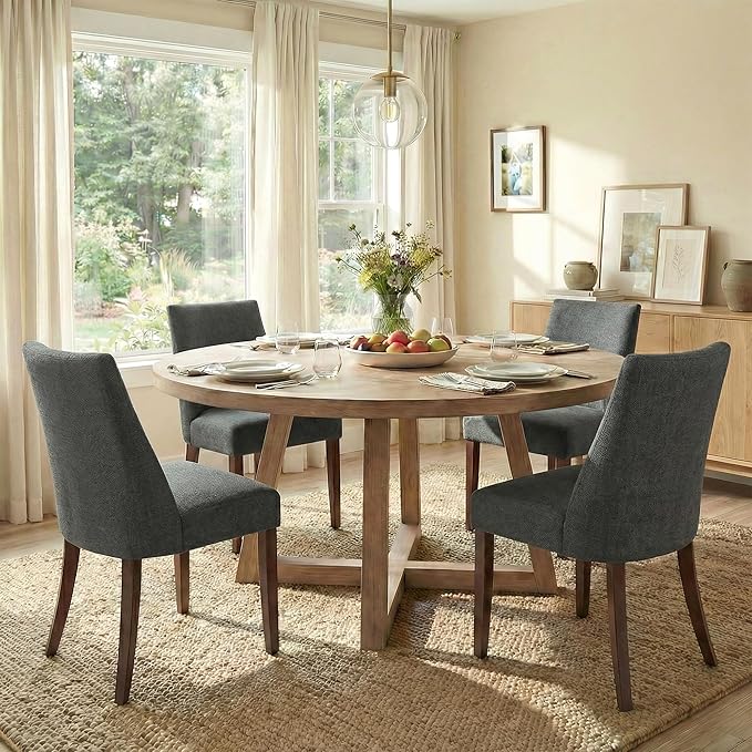 Wooden Dining Chairs Set of 4, Upholstered Farmhouse Fabric Dining Room Chair, Mid Century Kitchen Chair for Restaurant & Cafe, Dark Grey