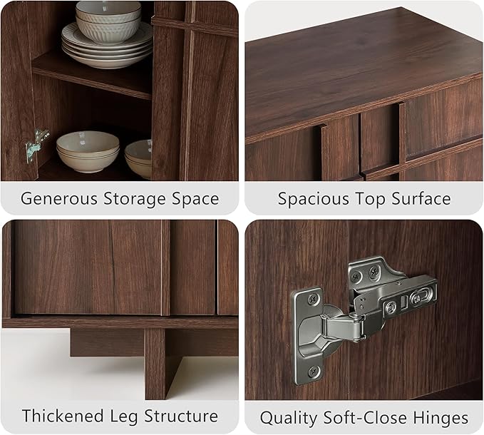 Sideboard Buffet Cabinet with Storage, Mid Century Modern Accent Cabinet with Skeleton Line & Wood Grain Texture, 63" Minimalist Credenza for Living Room Kitchen Dining Room Entryway, Walnut