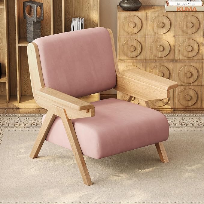 Accent Chair Mid Century Modern Chair, Velvet Upholstered Lounge Arm Chair with Solid Wood, Cozy Seating for Living Room, Bedroom, Balcony (Pink, Set of 2)