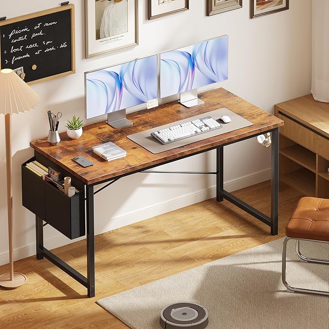OLIXIS Computer Desk 55 Inch Home Office Desks for Small Spaces, Gaming Writing Study Work Table with Storage Bag and Headphone Hook for Bedroom, Rustic Brown