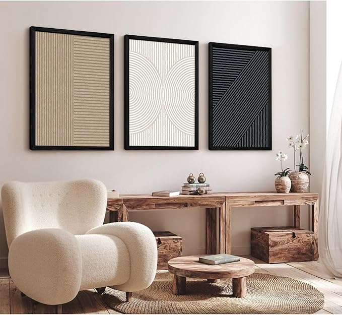 Modern Abstract Pictures Wall Art Boho Neutral Canvas Wall Art Minimalist Line Wall Decor Beige Black Brown Artwork Abstract Modern Painting Prints for Living Room Bedroom 12x16x3 Inch Wood Framed