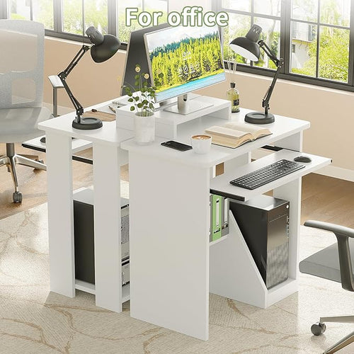 ALISENED 30" Small Computer Desk with Keyboard Tray Monitor Stand, Study Writing Desk with Storage Shelves, Modern Workstation for Small Spaces, Save Space, White