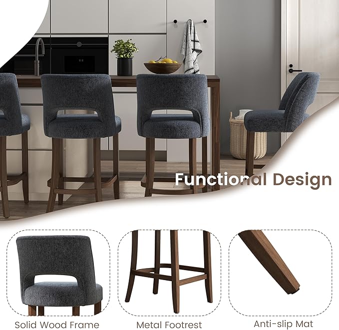 VKNOW Bar Stools Set of 4, 26" Upholstered Counter Height Bar Stools, Modern Counter Stools with Wood Legs for Kitchen Island Dining Room Bar, Navy Blue