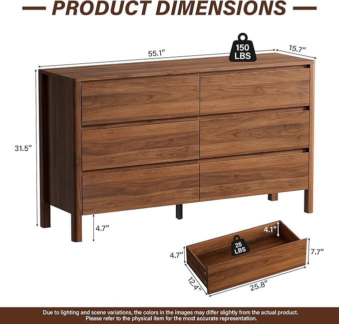 Furniway 55" Mid-Century Modern Dresser for Bedroom, 6 Drawer Wide Chest of Drawers with Solid Wood Legs, Large Storage Bedroom Dresser, Walnut