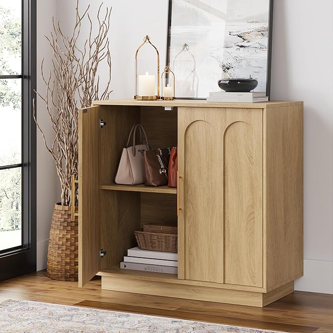 FORTUNETEC Sideboard Buffet Cabinet with Storage Set of 3, Mid Century Modern Accent Cabinet with Arched Doors, Modular Media Console, Credenza for Living Room Kitchen Dining Room Entryway, Oak