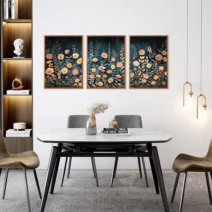 HPNIUB Modern Dark Wildflower Framed Canvas Wall Art Set,Minimalist Nature Jungle Botanical Landscape Wall Decor, (12x16 Inch) Farmhouse Painting for Living Room, Bedroom, Office