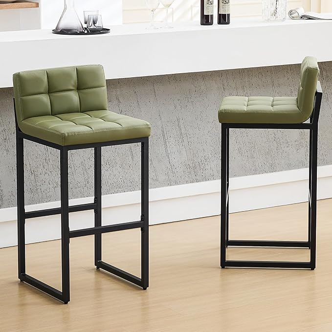 FIRAVOE Set of 2 Bar Stools, Modern Counter Stool, Upholstered Faux Leather Barstools with Back, Comfortable 30-inch Seat Height Island Chairs for Kitchen Island (Avocado Green, 2Pcs 30" Bar Stools)