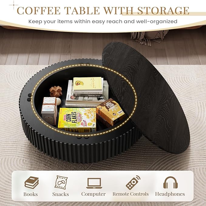 39.37'' Round Coffee Table with Storage, Modern Fluted Circle Coffee Table Unique Drum Low Center Tea Table with Solid Wood Veneered for Living Room Small Space, Mesas De Centro para Sala, Black