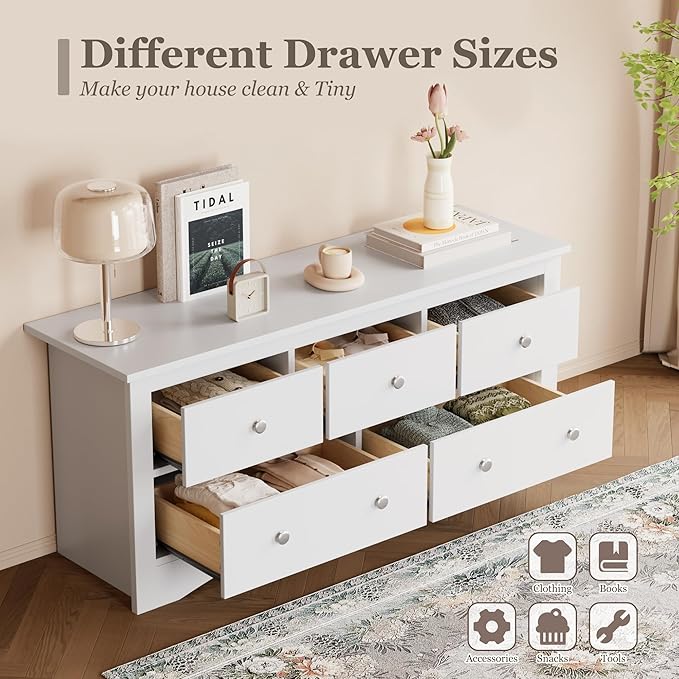 Furmax 5 Dresser for Bedroom, Wood Dresser, Chest of Drawers, for TV up to 65 inch, TV Stand Storage Chest of Drawers for Hallway, Entryway, Living Room (White)
