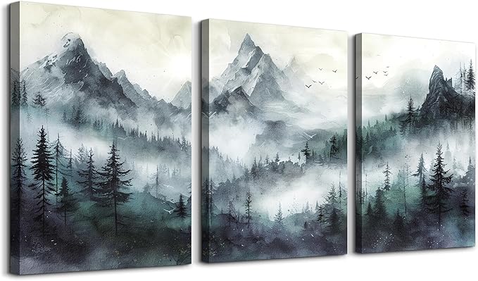 TTHYUEWS Canvas Wall Art - Modern Misty Mountain Forest Wall Painting for Bedroom, Living Room, Office - 3 Piece Set